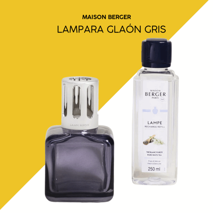 Lámpara catalítica Glaçon gris Maison Berger sobre mesa